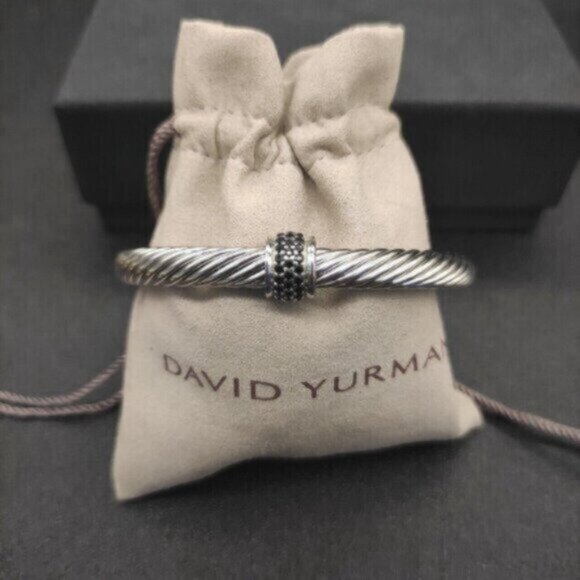 David Yurman Sterling Silver 7mm Pave Black Diamond Cable Cuff Bracelet M - Picture 2 of 3